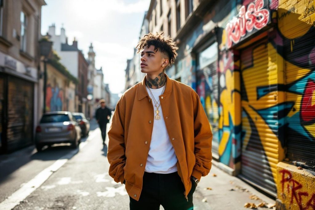 Homme en veste orange devant un mur de graffitis