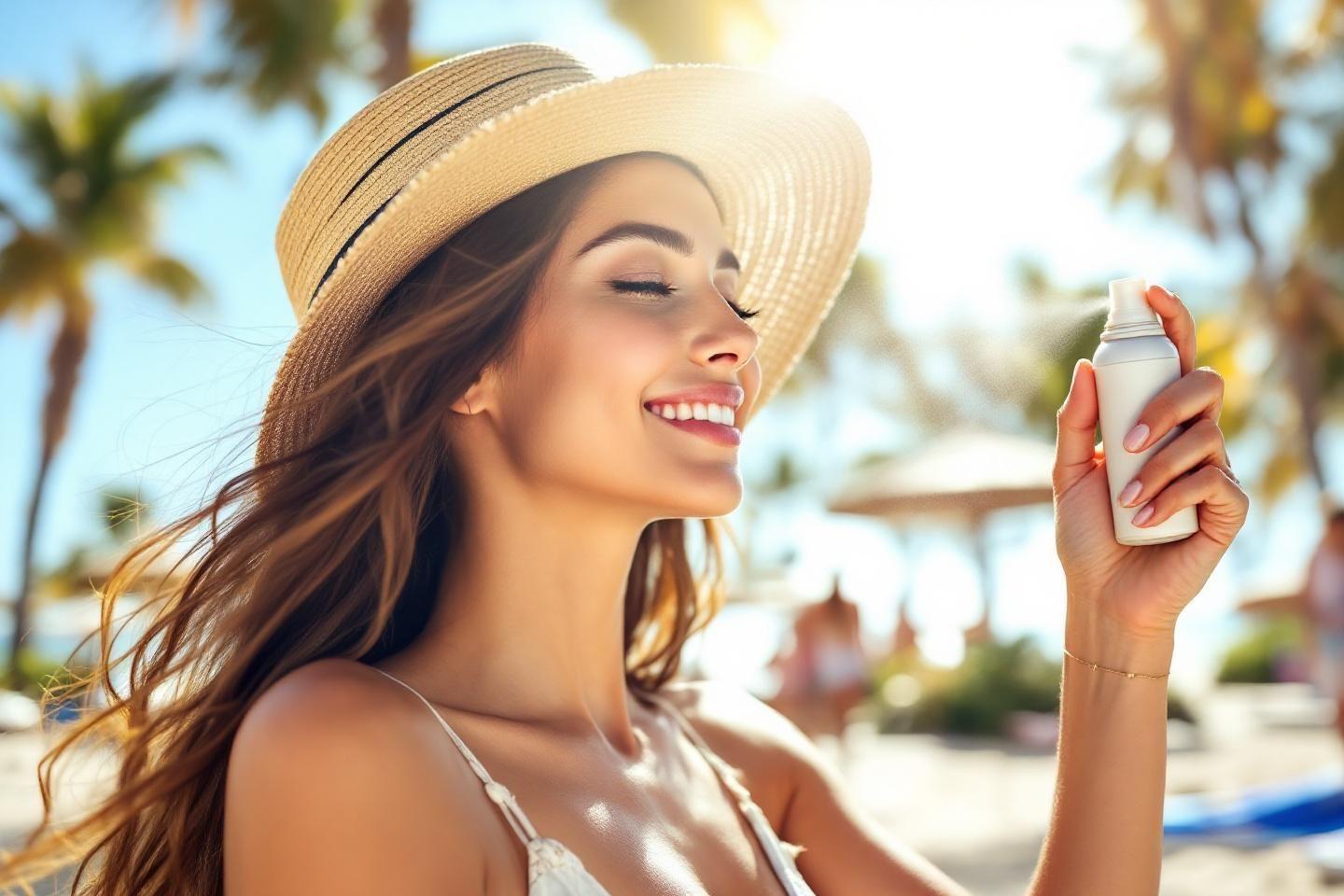 Femme souriante au chapeau appliquant de la crème solaire