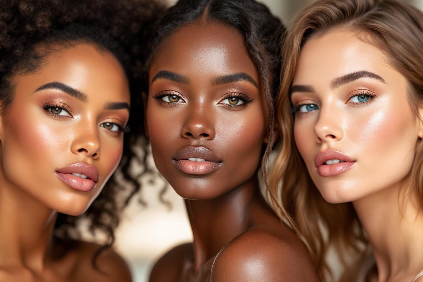 Trois visages féminins avec maquillage lumineux et différents tons de peau