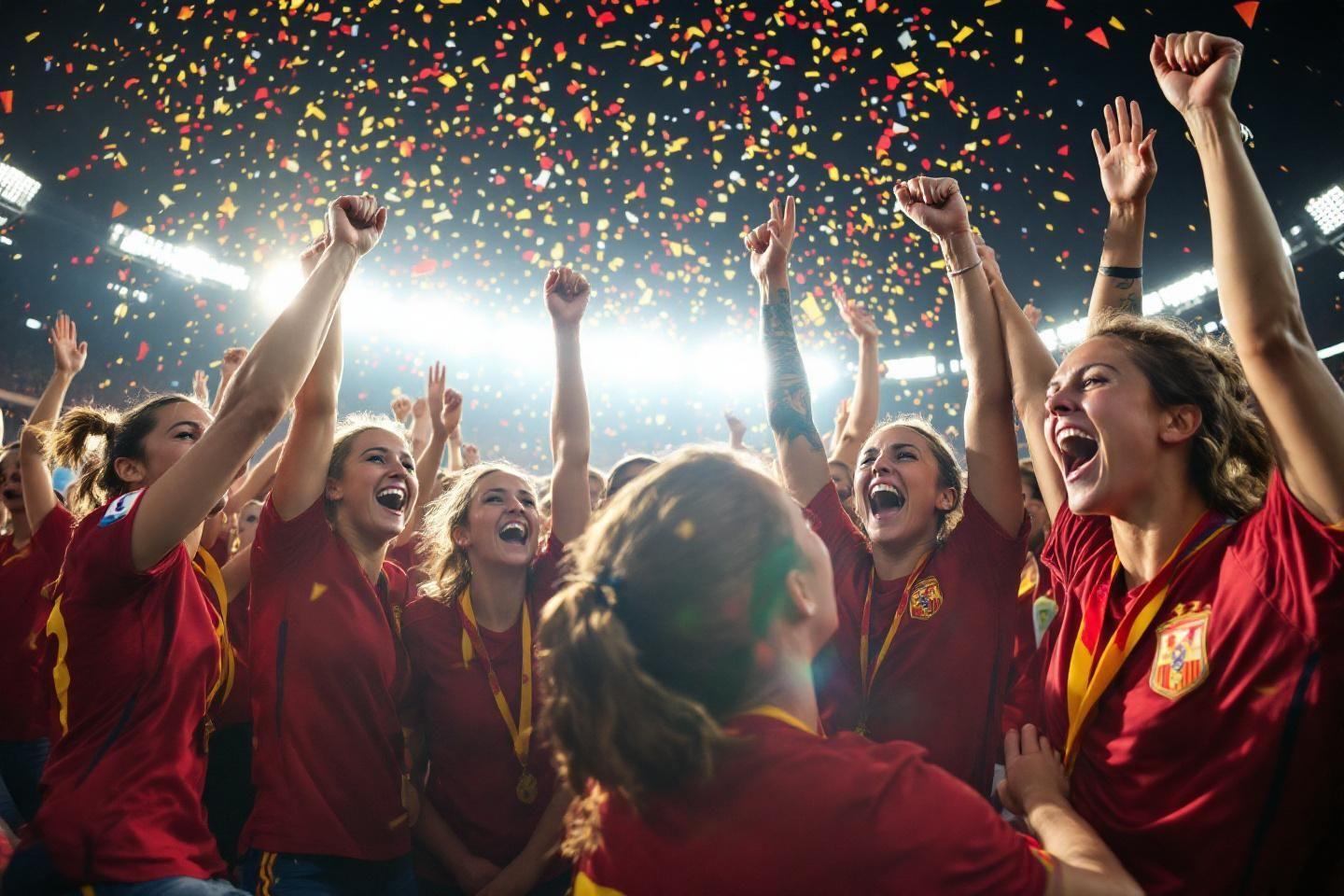 Joueuses en rouge célébrant avec confettis et enthousiasme