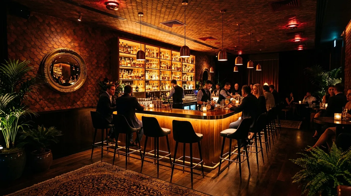 Bar élégant avec clients, bouteilles illuminées, décor doré
