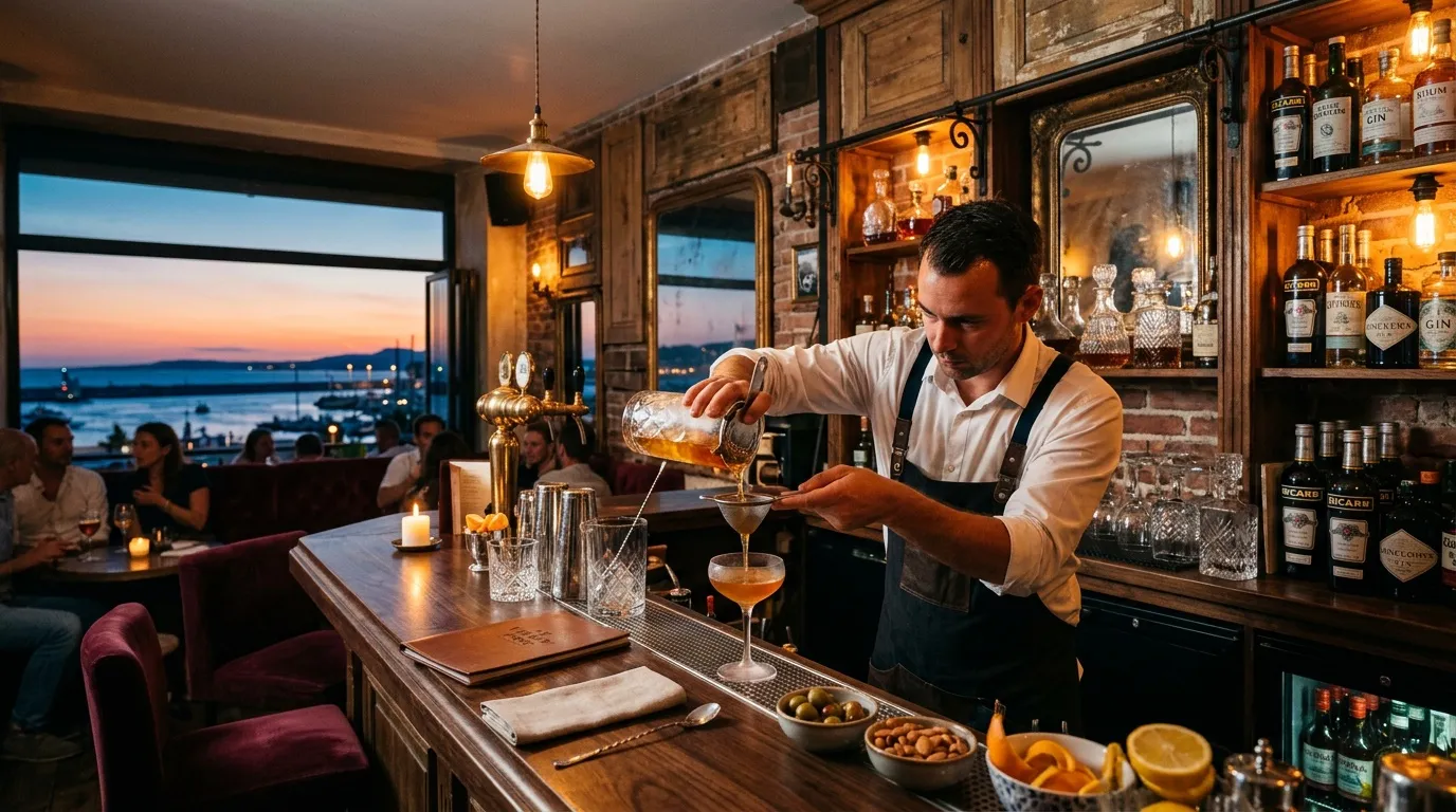 Bartender versant cocktail au bar avec vue mer au coucher soleil