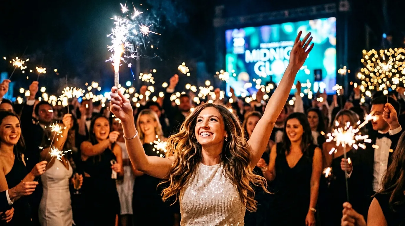 Femme joyeuse levant les bras parmi la foule avec cierges magiques