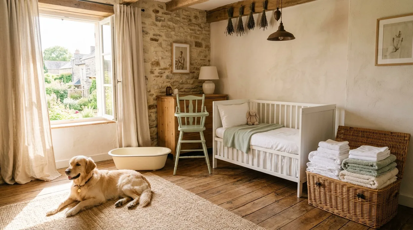 Chambre bébé avec lit blanc, chien, pierre apparente et fenêtre