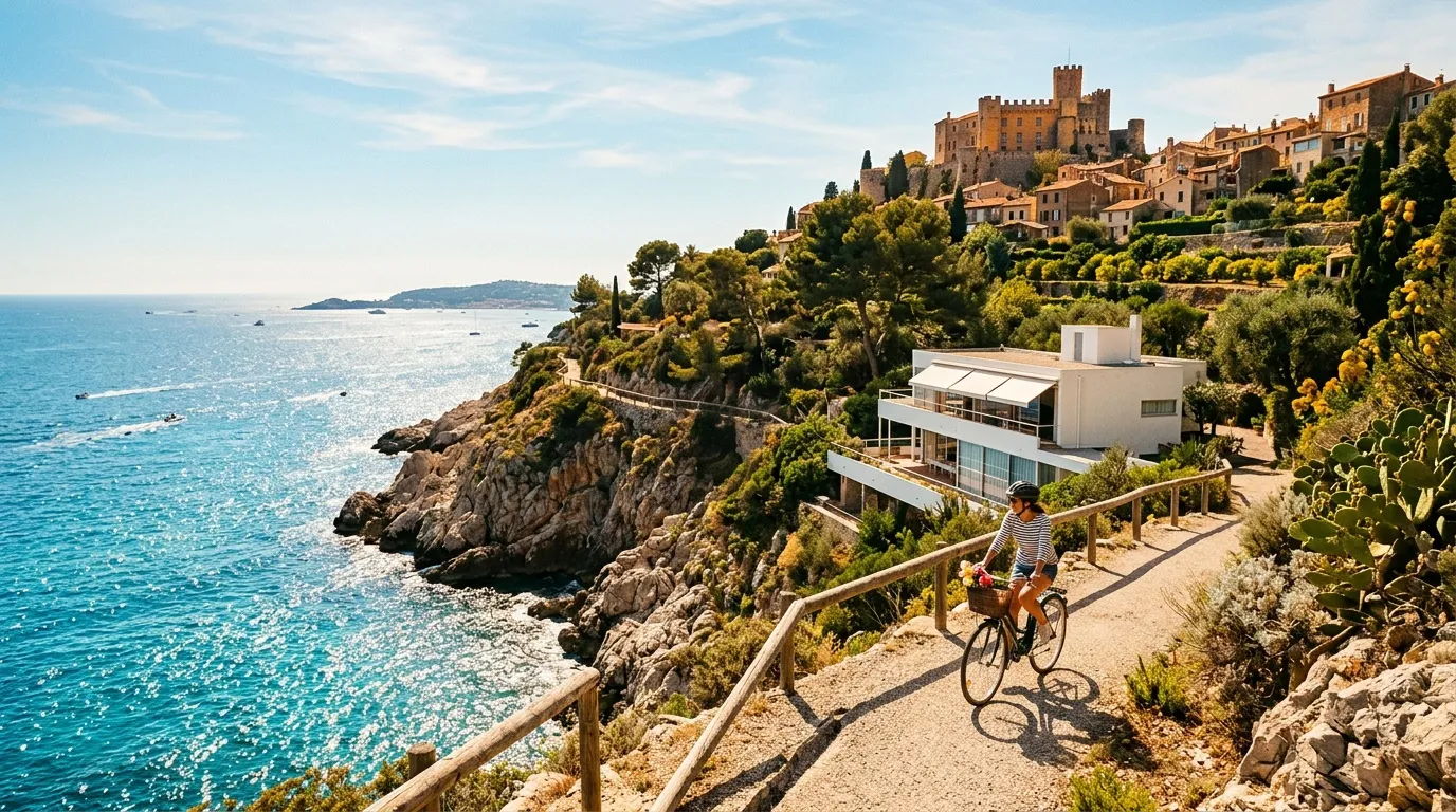 Cycliste sur sentier côtier avec château médiéval et mer turquoise