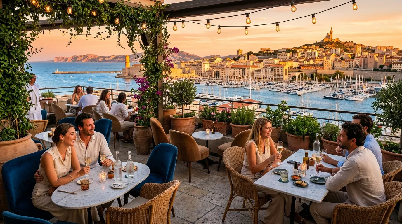 Clients dînant en terrasse avec vue panoramique sur port méditerranéen au coucher de soleil