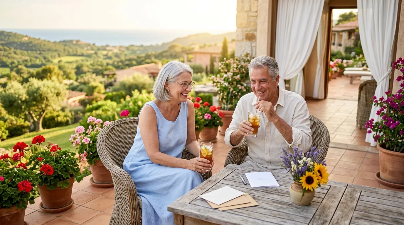 Couple senior savourant une boisson sur terrasse en Toscane