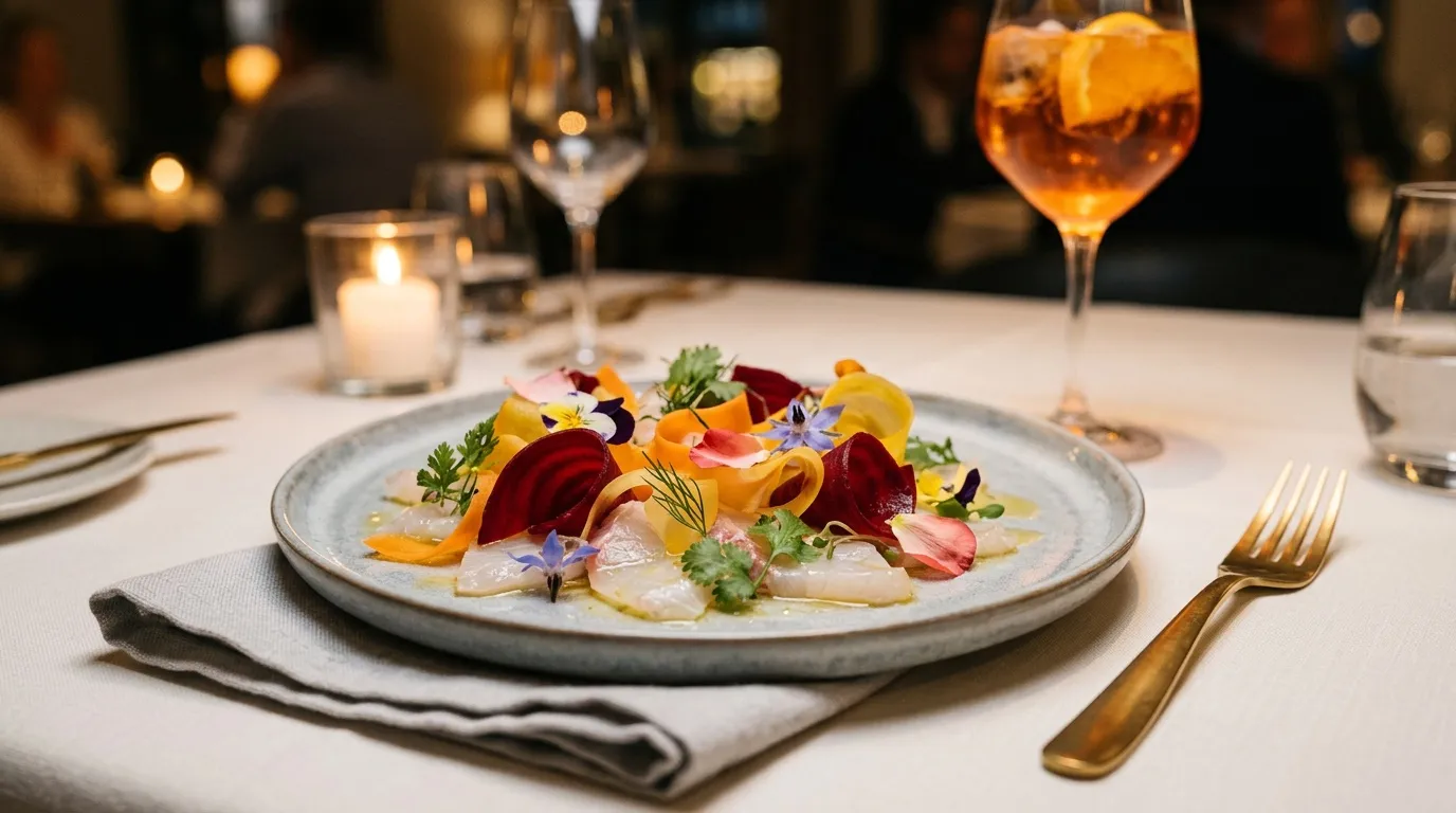 Assiette gourmet avec poisson, légumes colorés et fleurs comestibles