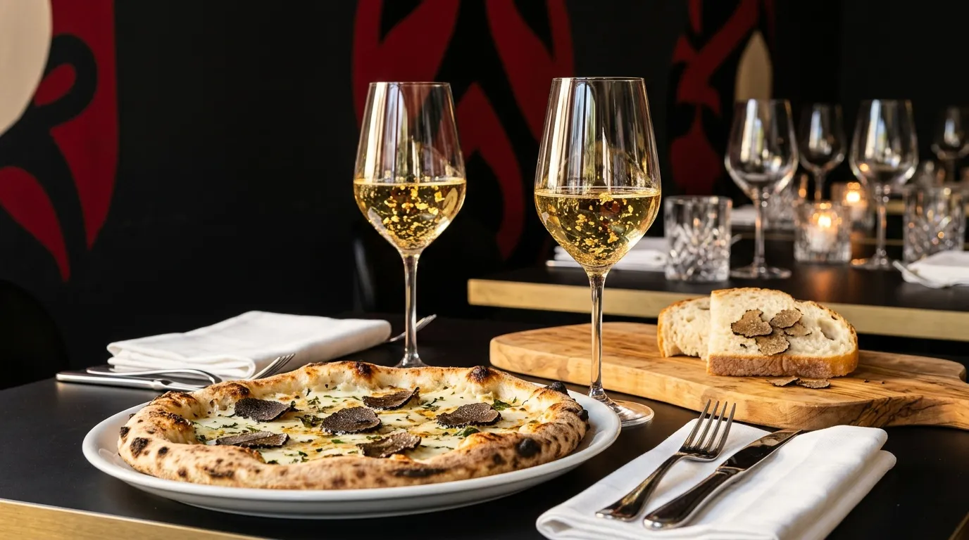 Pizza aux truffes avec verres de vin blanc dans restaurant gastronomique