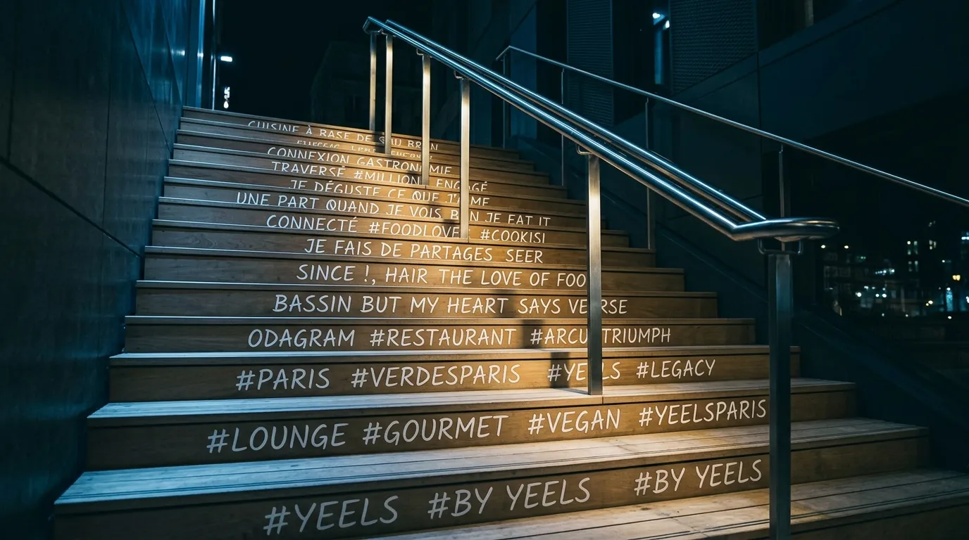 Escalier moderne illuminé avec messages sur cuisine et hashtags
