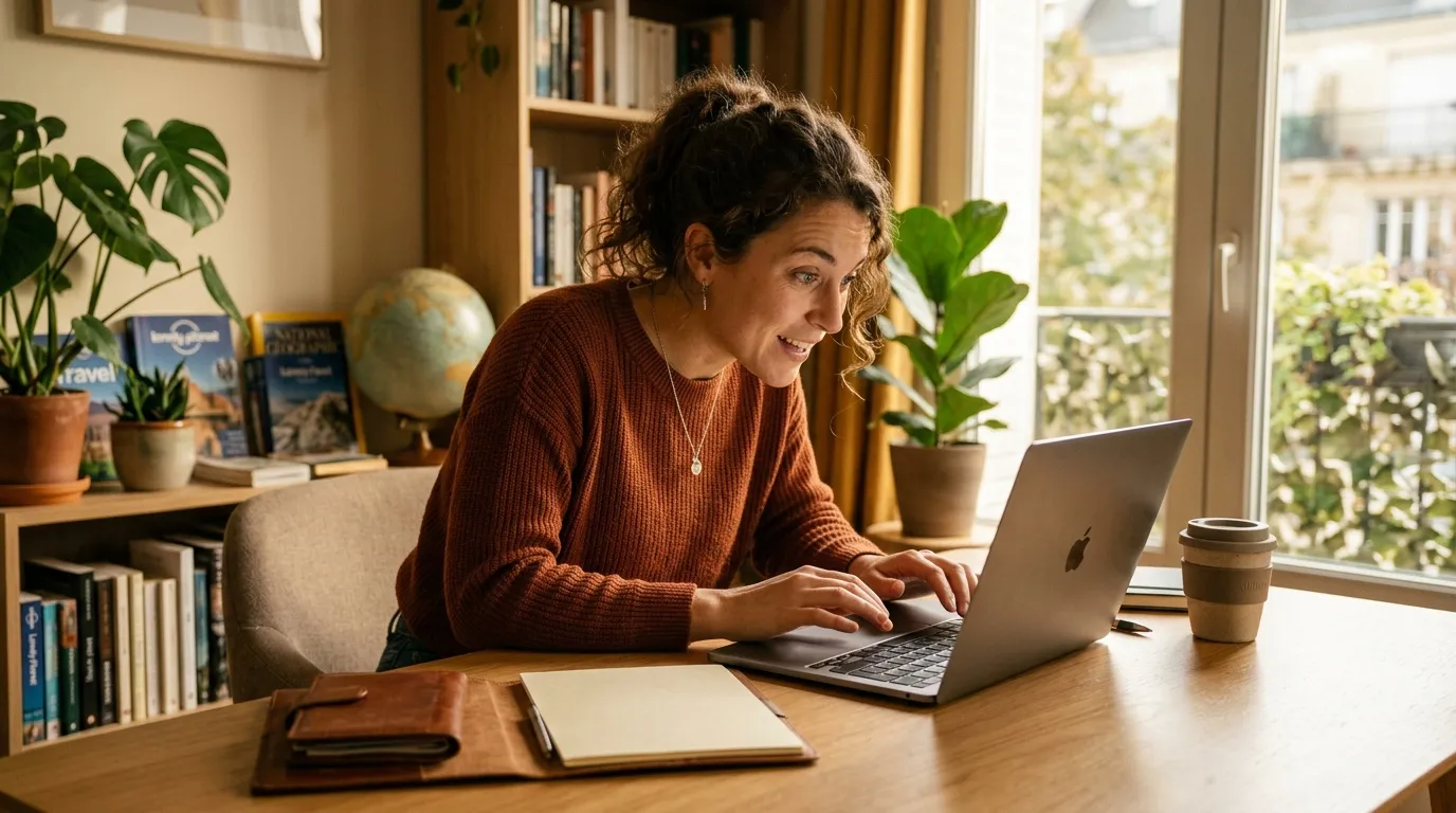 Femme souriante travaillant sur laptop dans un bureau lumineux