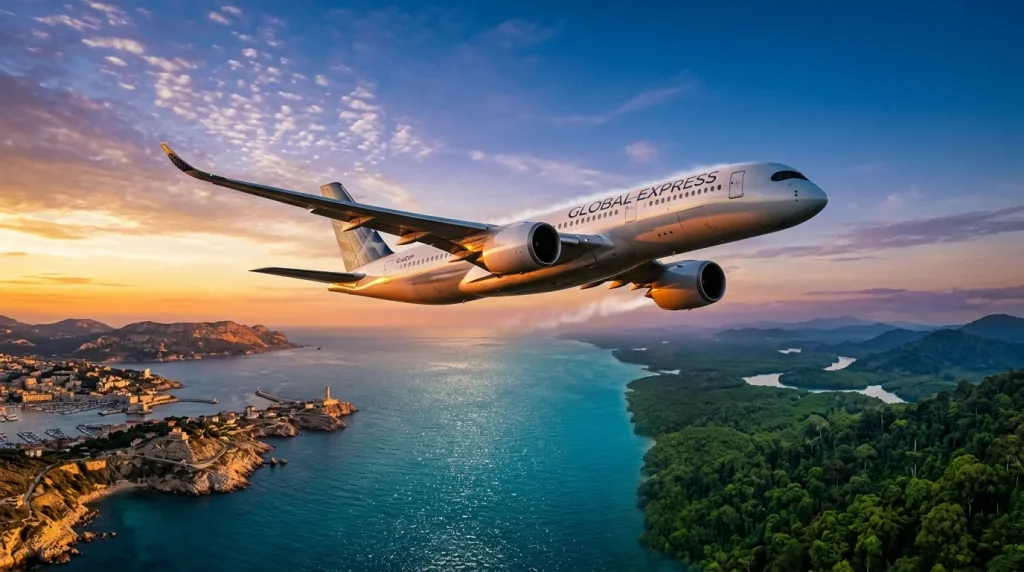 Avion Global Express en vol au-dessus mer et paysage côtier