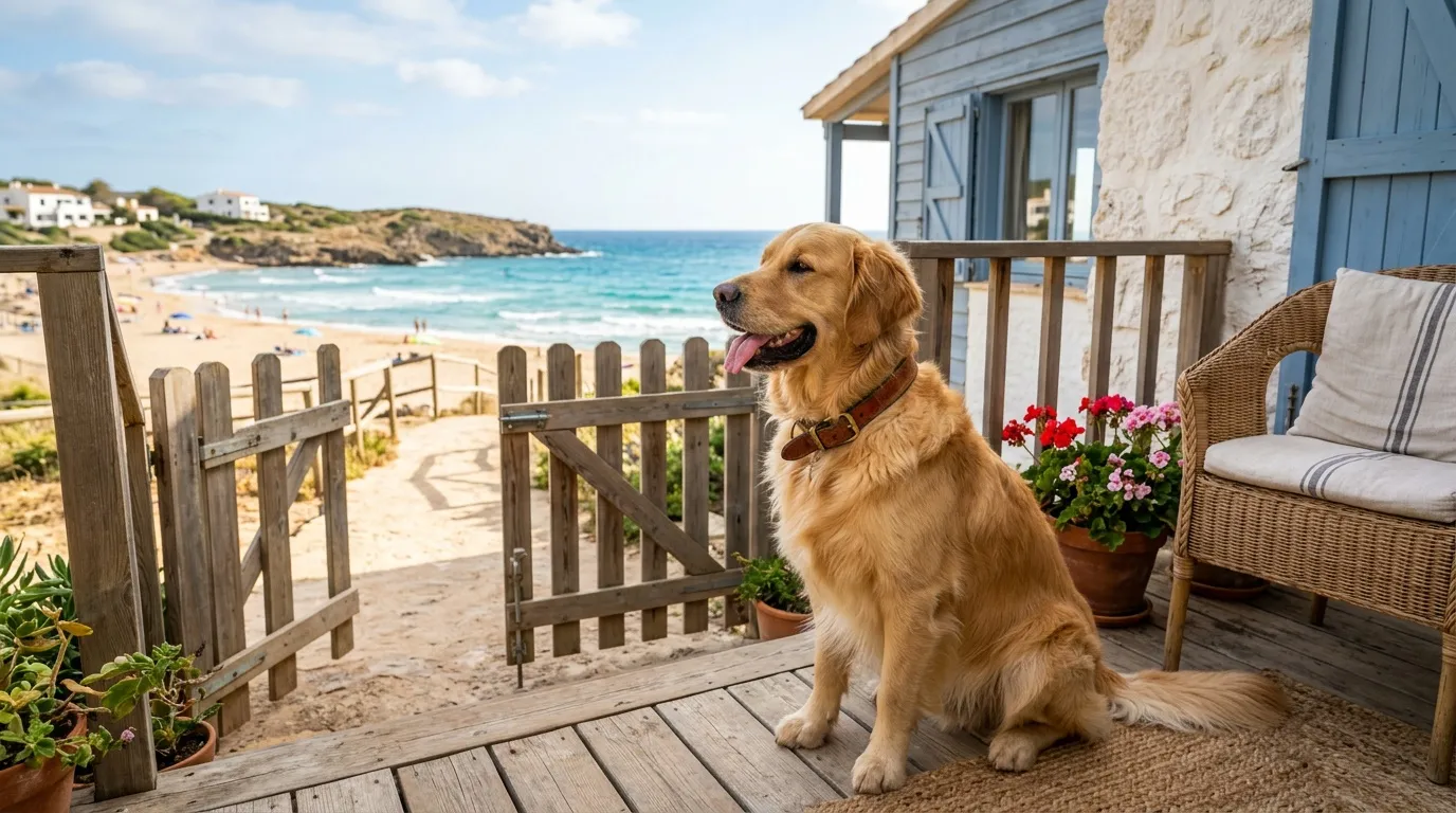 Chien blond assis sur terrasse face à la mer