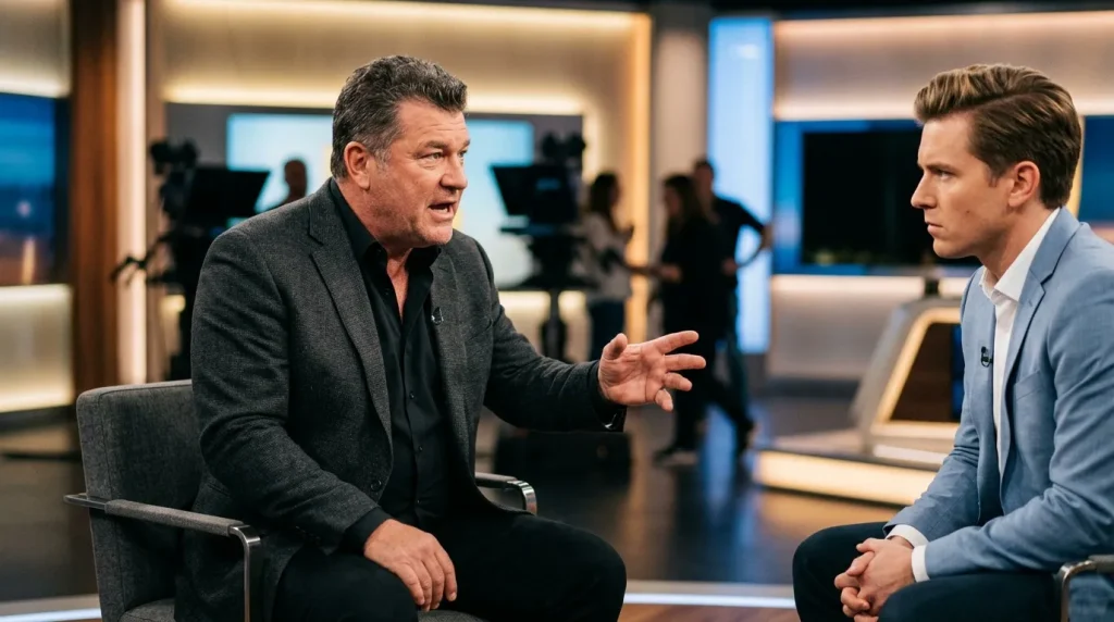 Deux hommes en costume discutent dans un studio de télévision moderne