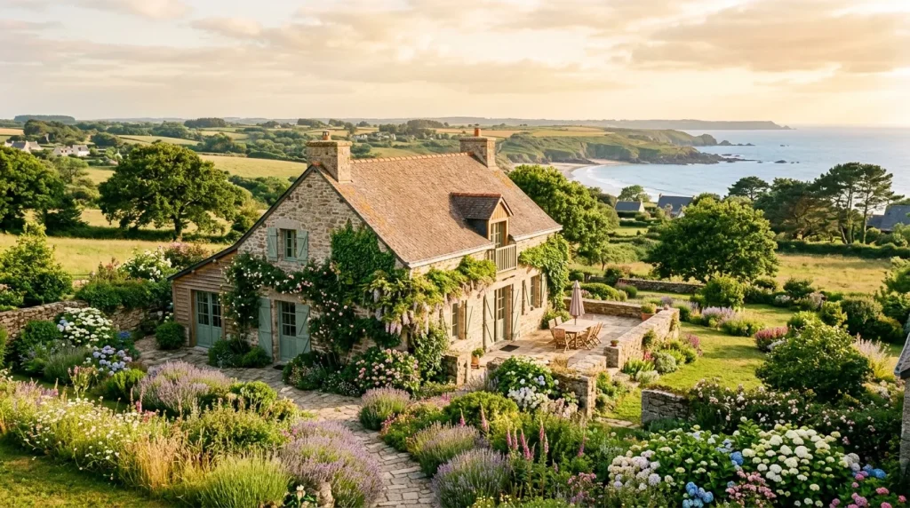Maison en pierre avec jardins fleuris, vue sur côte bretonne