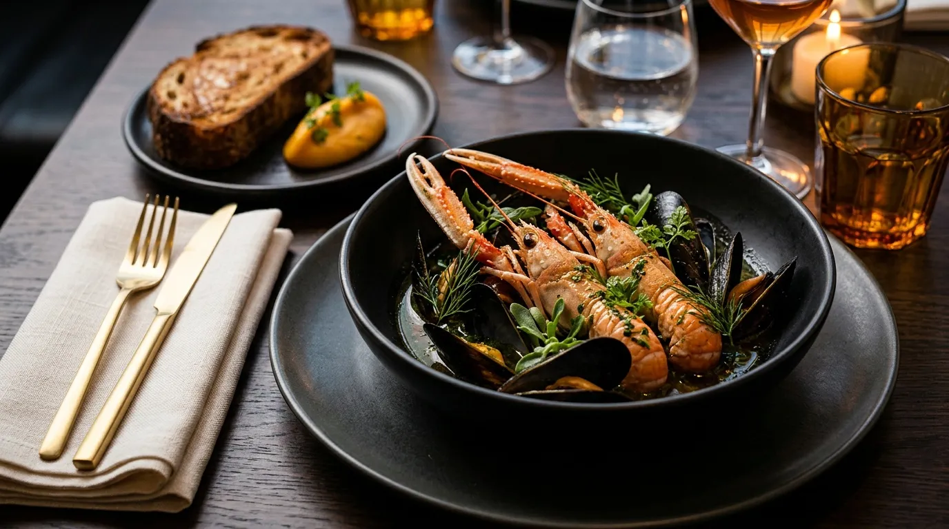 Homards et moules dans assiette noire, table élégante