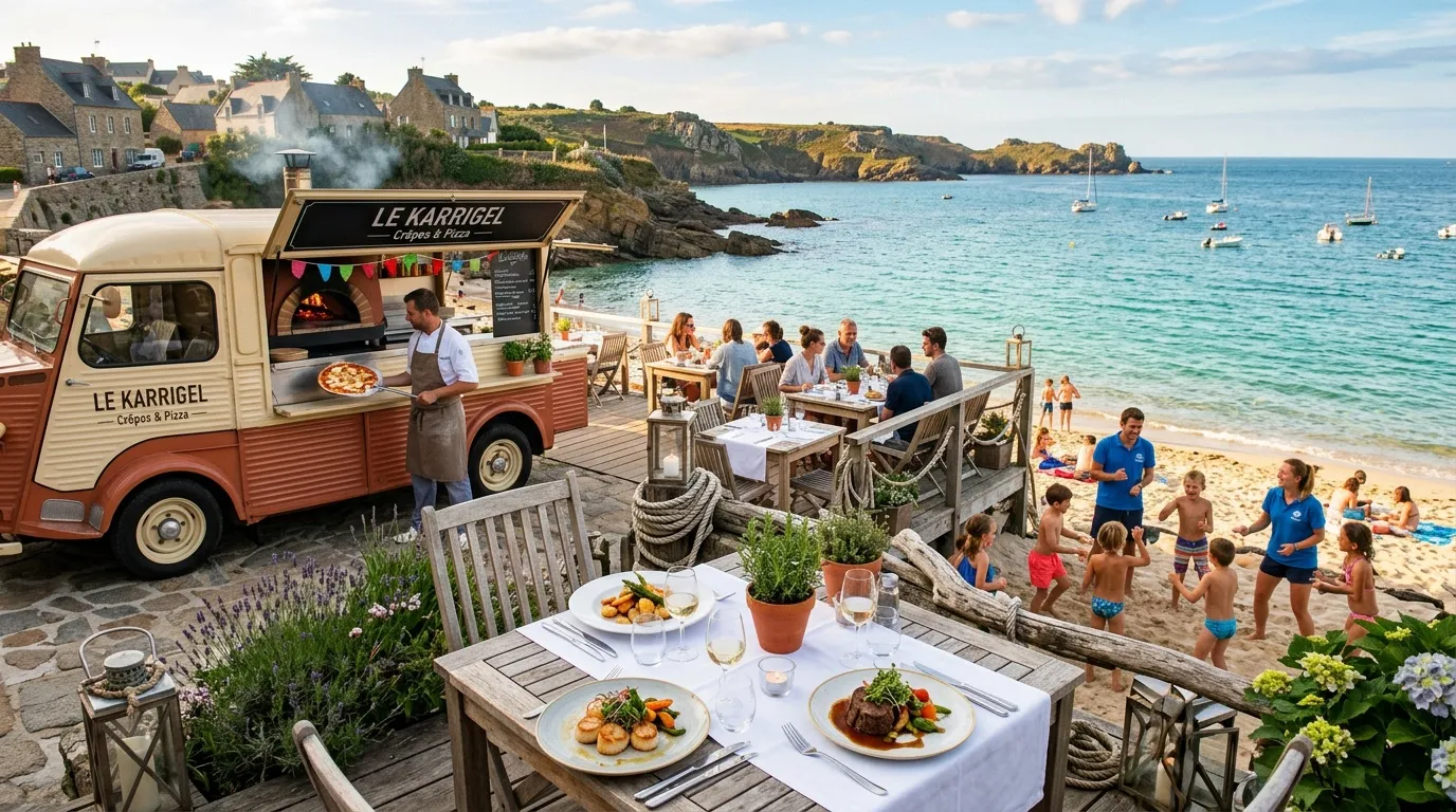 Food truck Le Karrigel servant crêpes et pizza sur plage bretonne