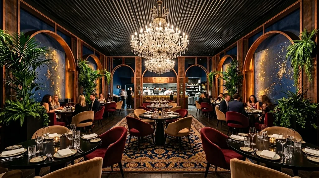 Salle de restaurant haut de gamme avec lustres et clients dînant