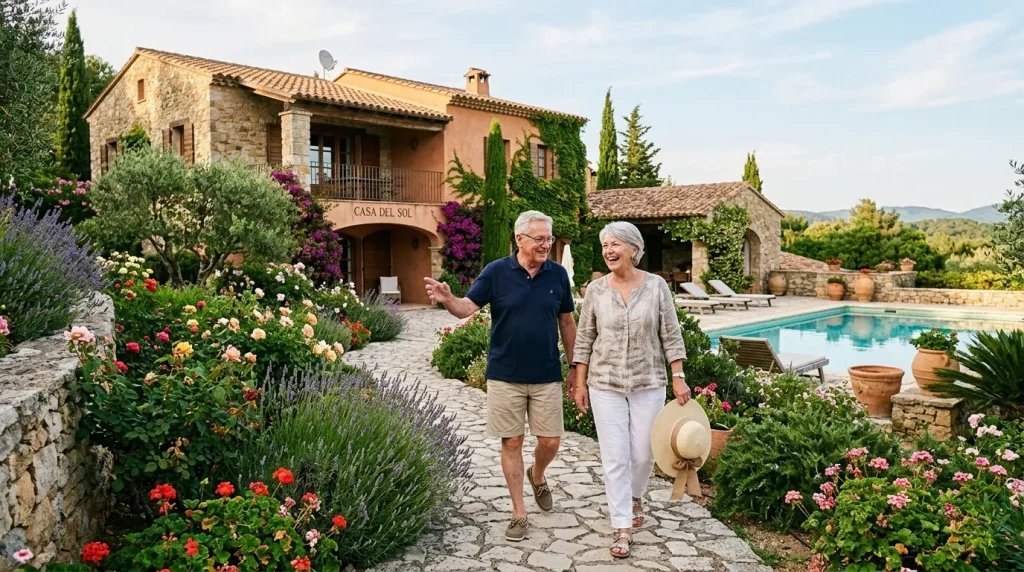 Couple senior marchant dans jardin méditerranéen devant villa