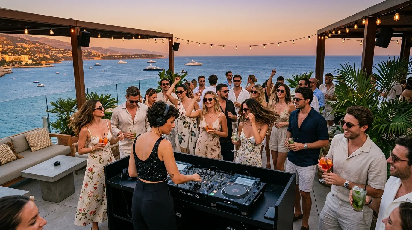 DJ animant une fête sur terrasse avec vue côtière au coucher soleil