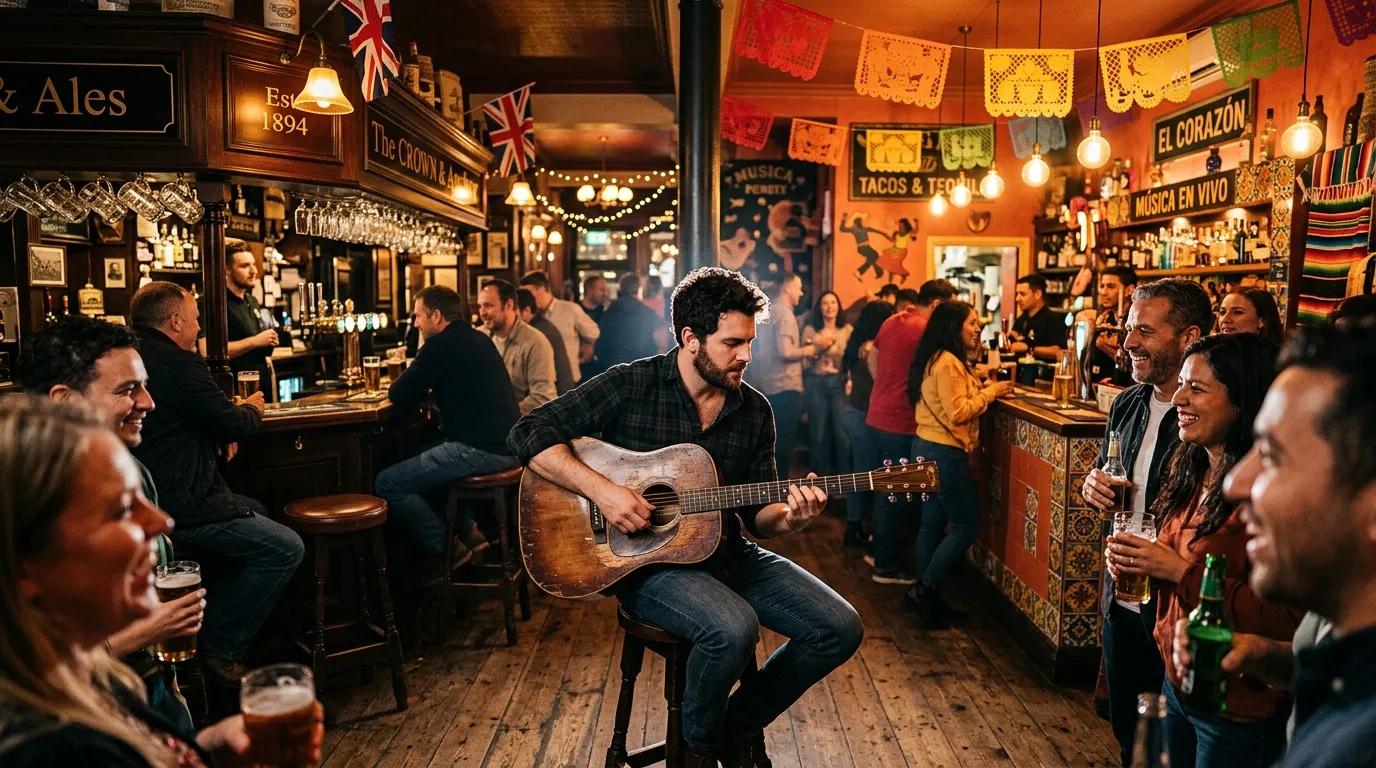 Musicien jouant de la guitare dans un bar bondé et coloré