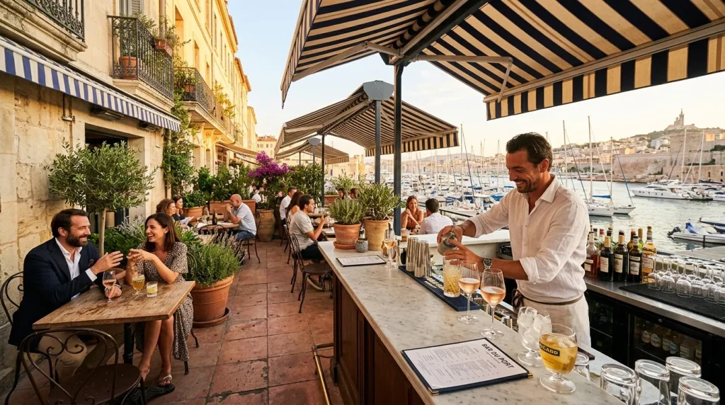 Bar en terrasse surplombant un port méditerranéen avec bateaux