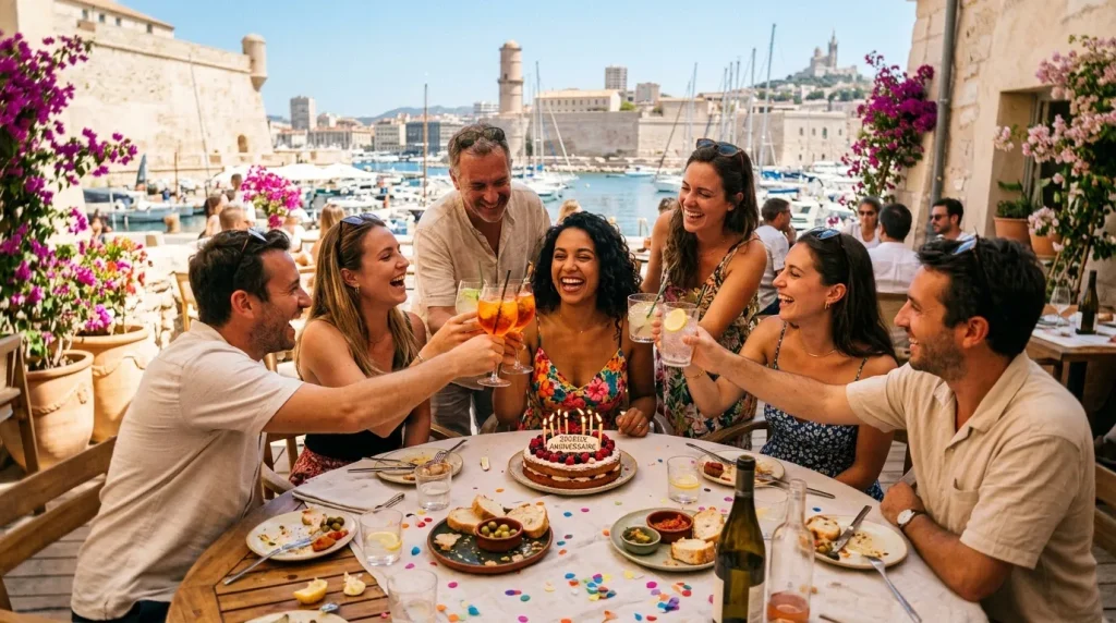 Groupe célébrant un anniversaire avec gâteau en terrasse portuaire