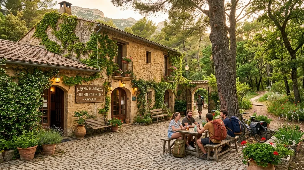Auberge de jeunesse en pierre avec randonneurs assis dehors.