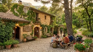 Auberge de jeunesse en pierre avec randonneurs assis dehors.