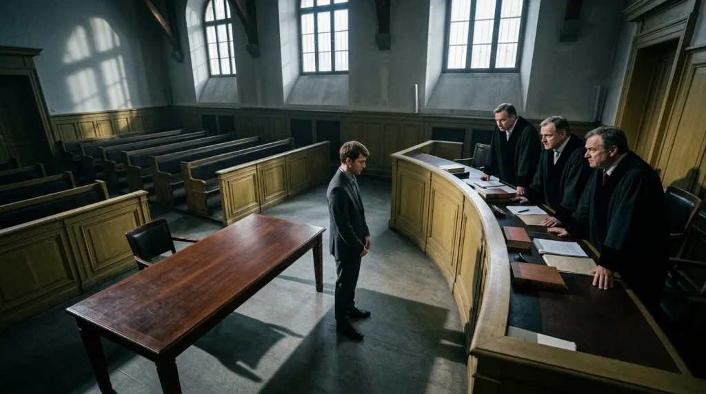 Jeune homme face à trois juges dans une salle d'audience
