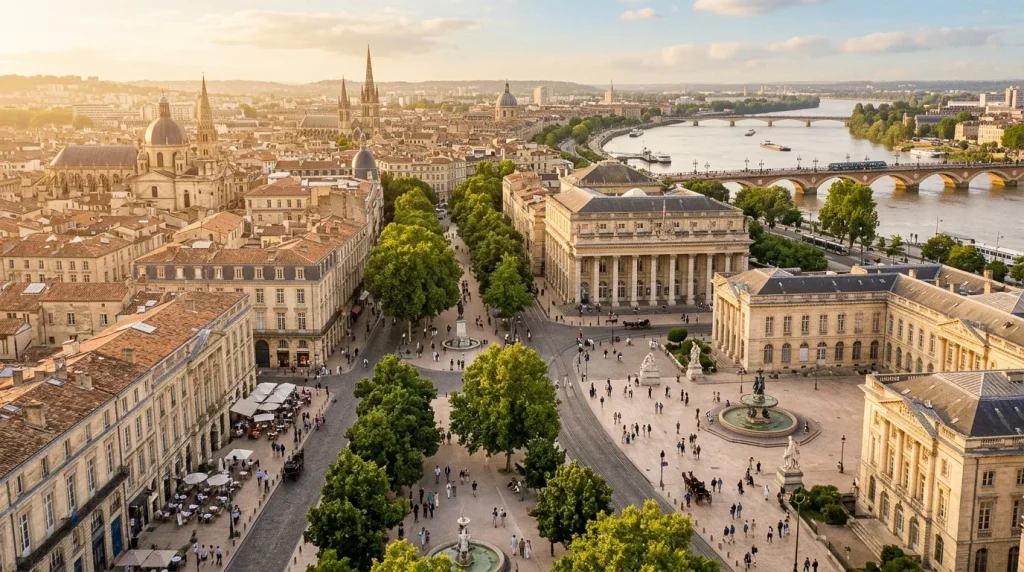 Vue aérienne de Bordeaux avec places, églises et fleuve Garonne