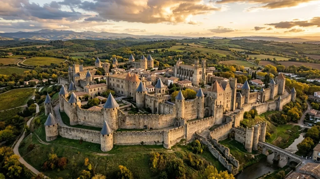 Vue aérienne de la cité fortifiée de Carcassonne avec tours et remparts.