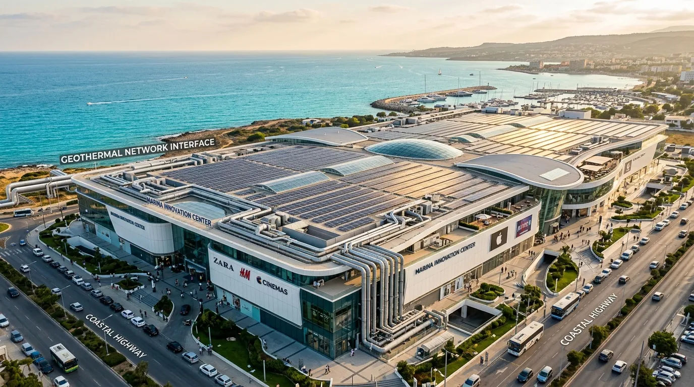 Centre commercial moderne au bord de mer avec panneaux solaires