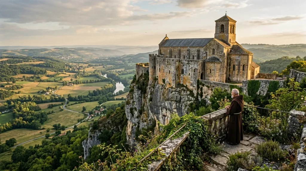 Église ancienne perchée sur rocher dominant vallée verte
