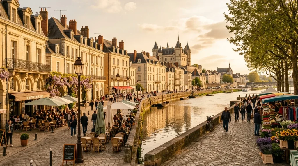 Ville médiévale avec château, quai fluvial, cafés et touristes