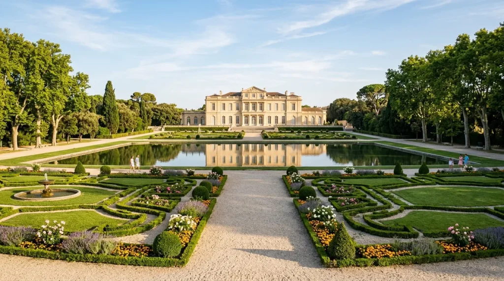 Château classique entouré de jardins formels et plan d'eau
