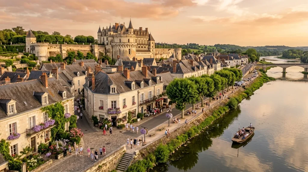 Château médiéval avec tours dominant une rivière et village.