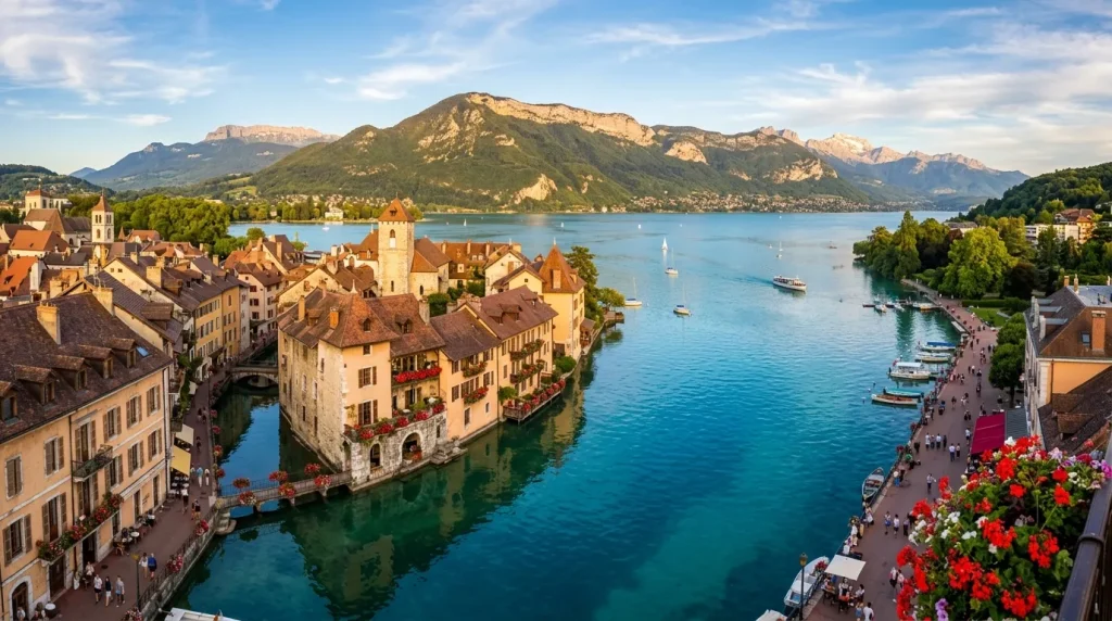 Vue aérienne du château médiéval au bord du lac turquoise alpin