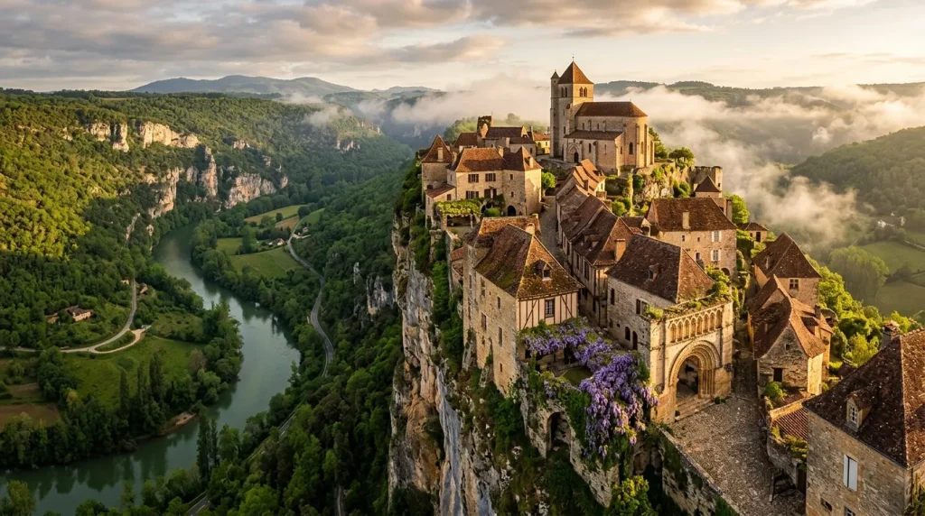 Château perché sur falaise surplombant vallée verdoyante brumeux