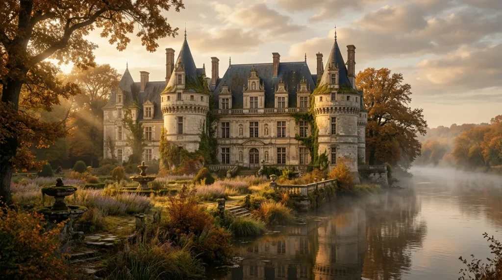 Château de style Renaissance au bord d'une rivière, entouré d'arbres dorés.