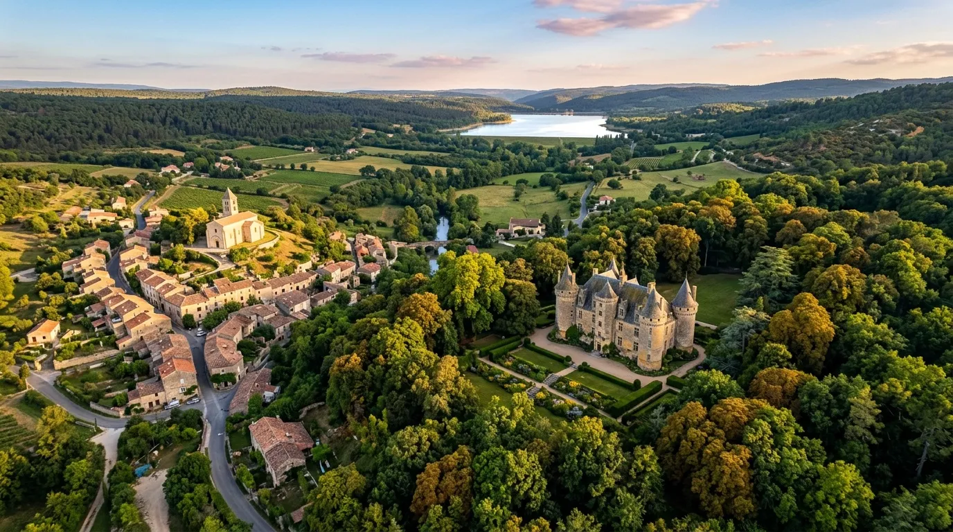 Vue aérienne de deux châteaux médiévaux avec lac et forêts