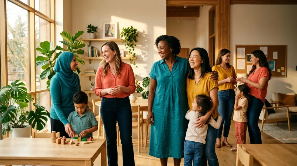 Groupe de femmes et enfants souriants dans une salle lumineuse