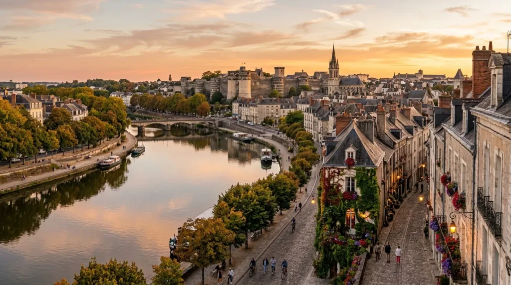 Vue aérienne de la ville de Tours au coucher du soleil avec la Loire