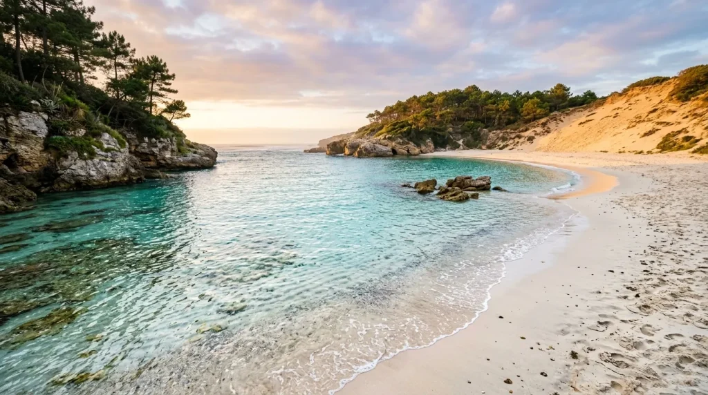 Plage de sable blanc avec eau turquoise et falaises rocheuses