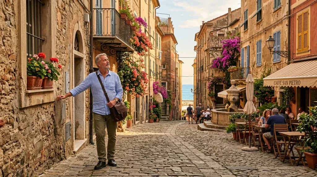 Homme explore une ruelle italienne fleurie avec café terrasse