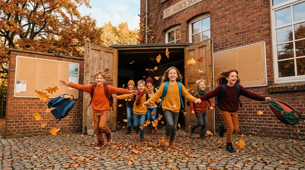 Groupe d'enfants heureux sortant d'une école en automne