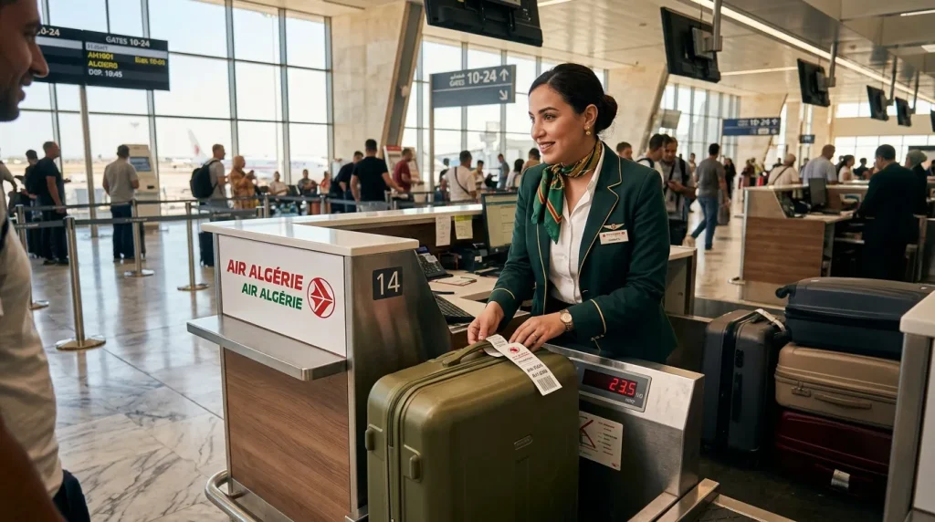 Hôtesse Air Algérie enregistrant bagages passager aéroport