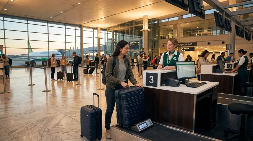 Femme avec bagages au comptoir d'enregistrement aéroport.