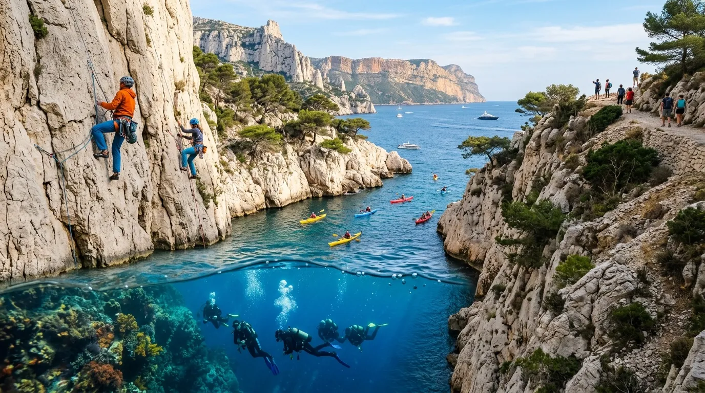 Grimpeurs et plongeurs entre falaises calcaires et eaux turquoises méditerranéennes