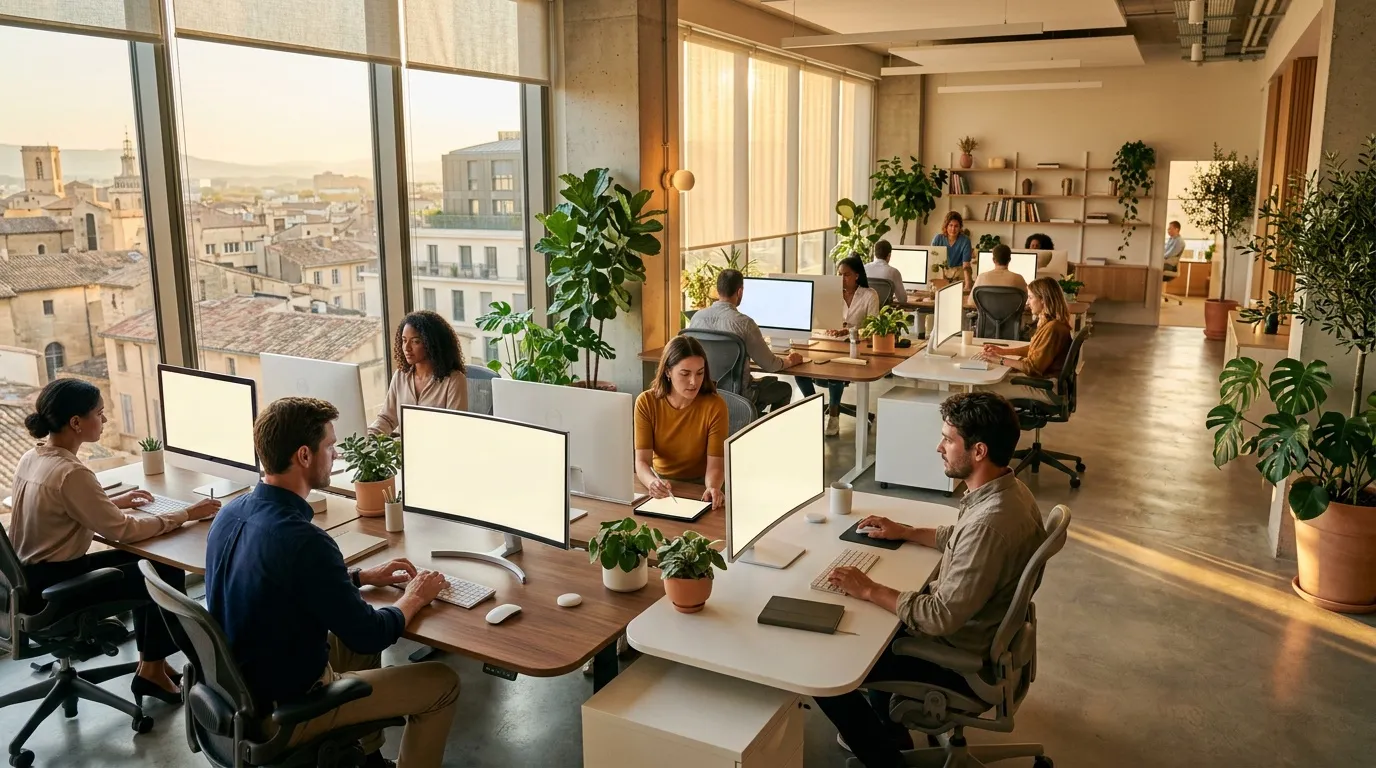 Employés travaillant dans un bureau aéré avec vue panoramique.